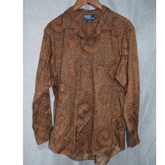 Polo Ralph Lauren Custom Fit Brown Paisley Long Sleeve Button-Up Shirt Size L - Picture 1 of 4